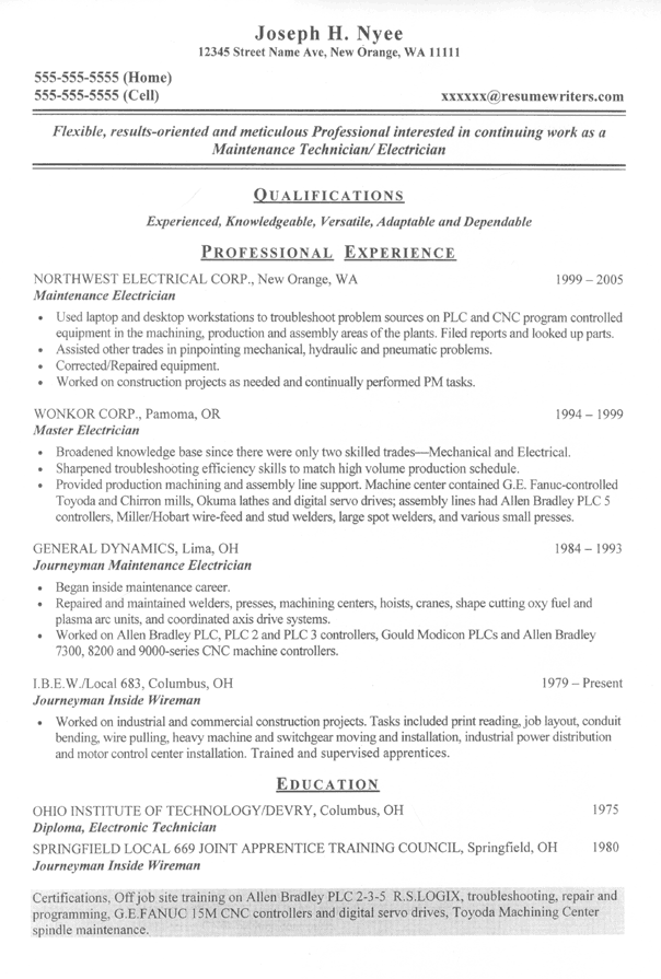 professional resumes samples. Electrician Sample Resume