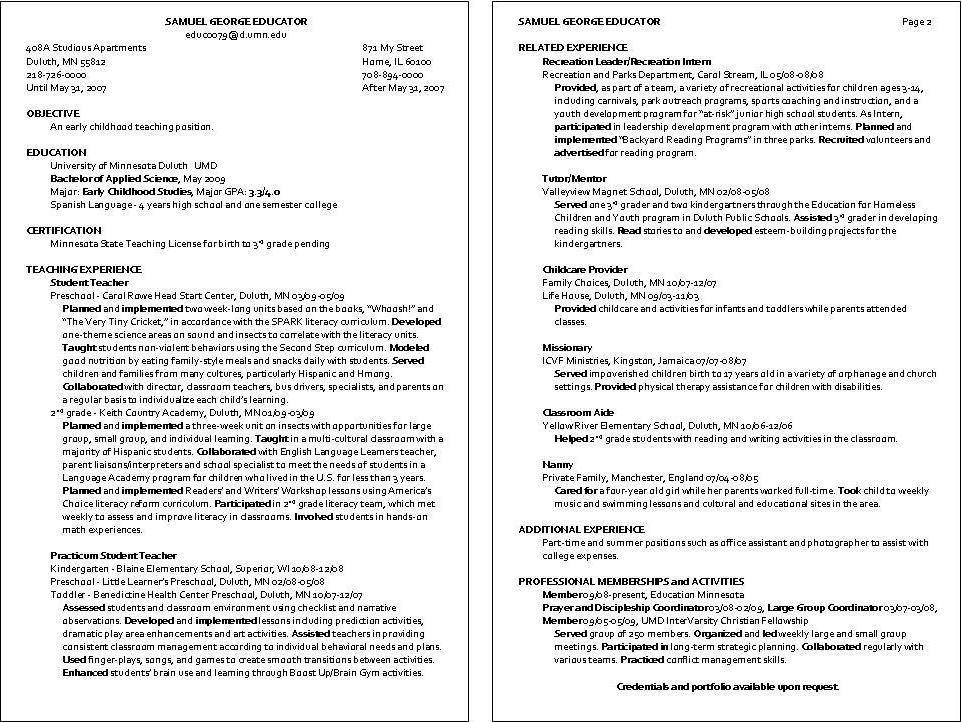 Special needs child care resume