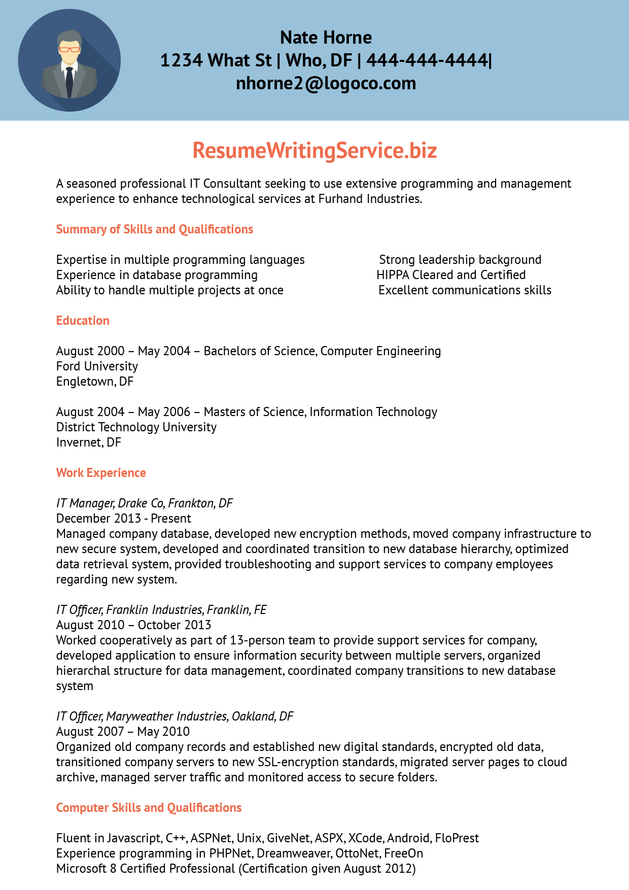 information technology consultant resume sample