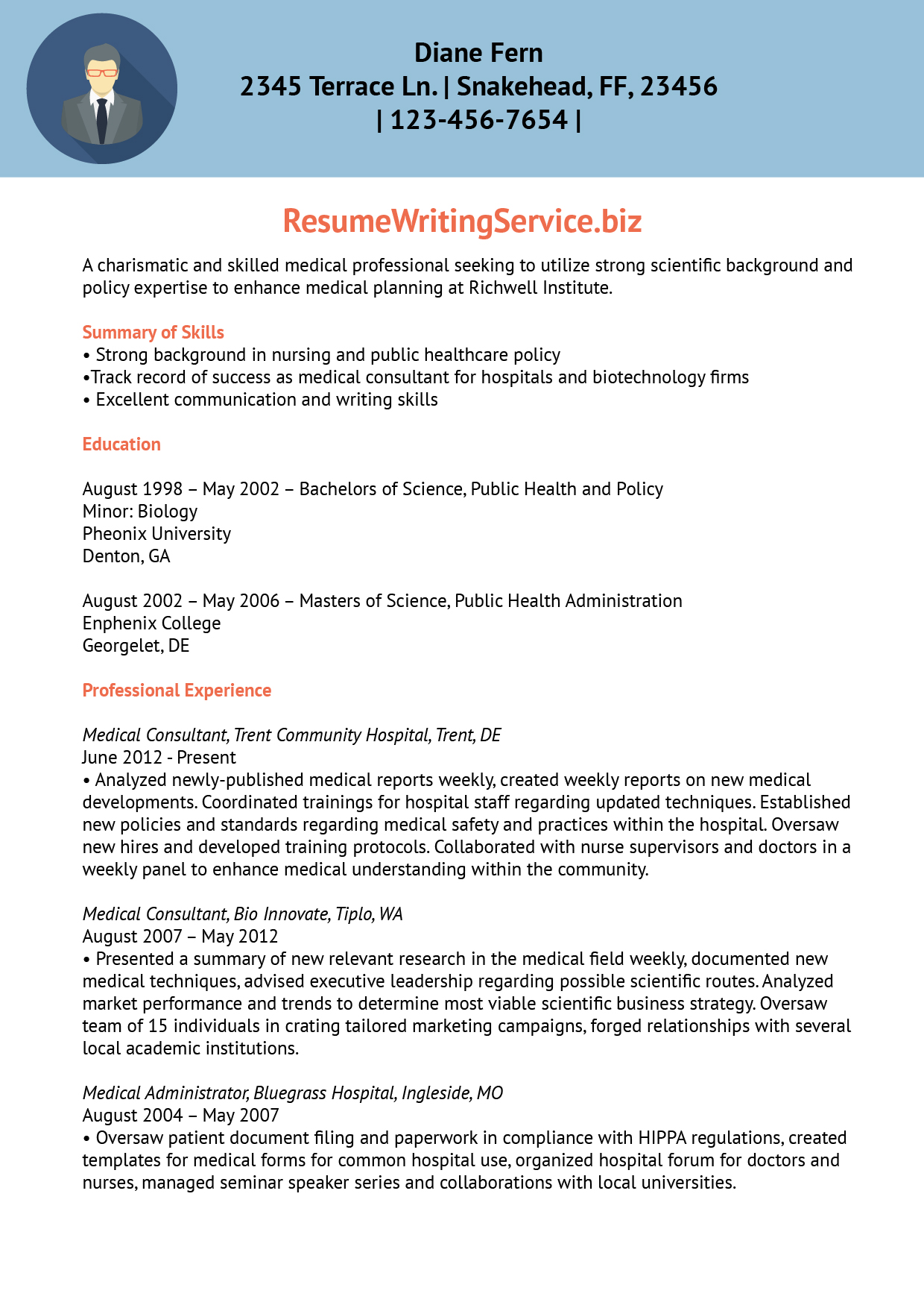 medical service planning head resume sample