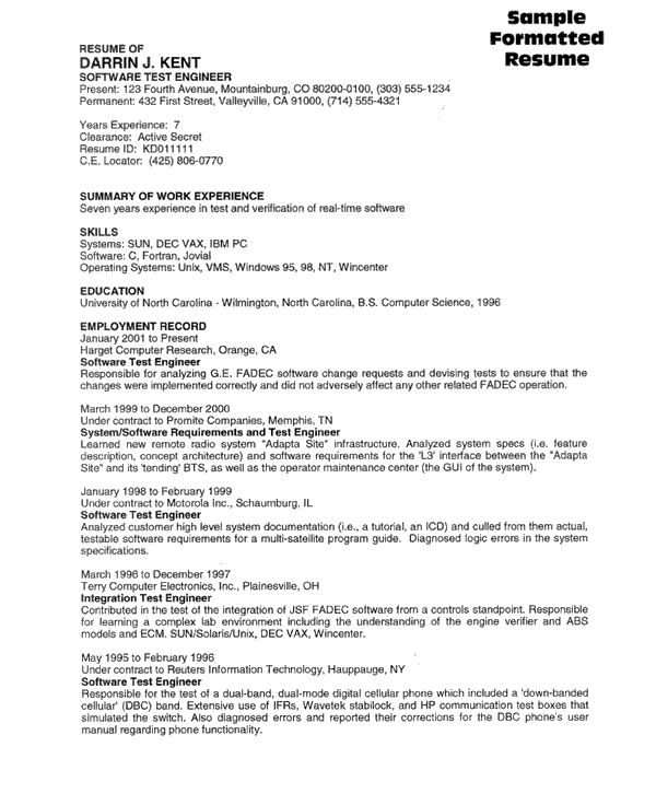 Resume sample for testing in software