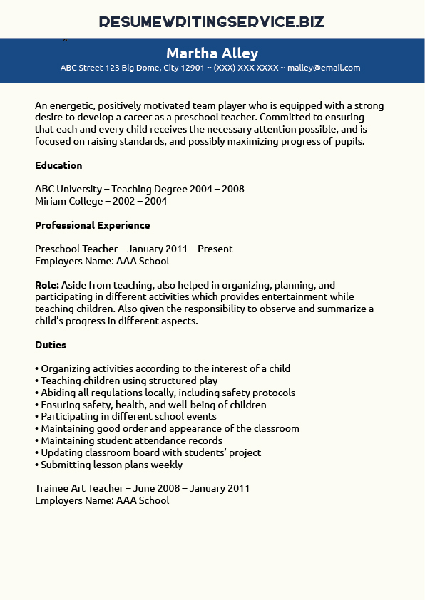Preschool Teacher Resume Sample | Resume Writing Service