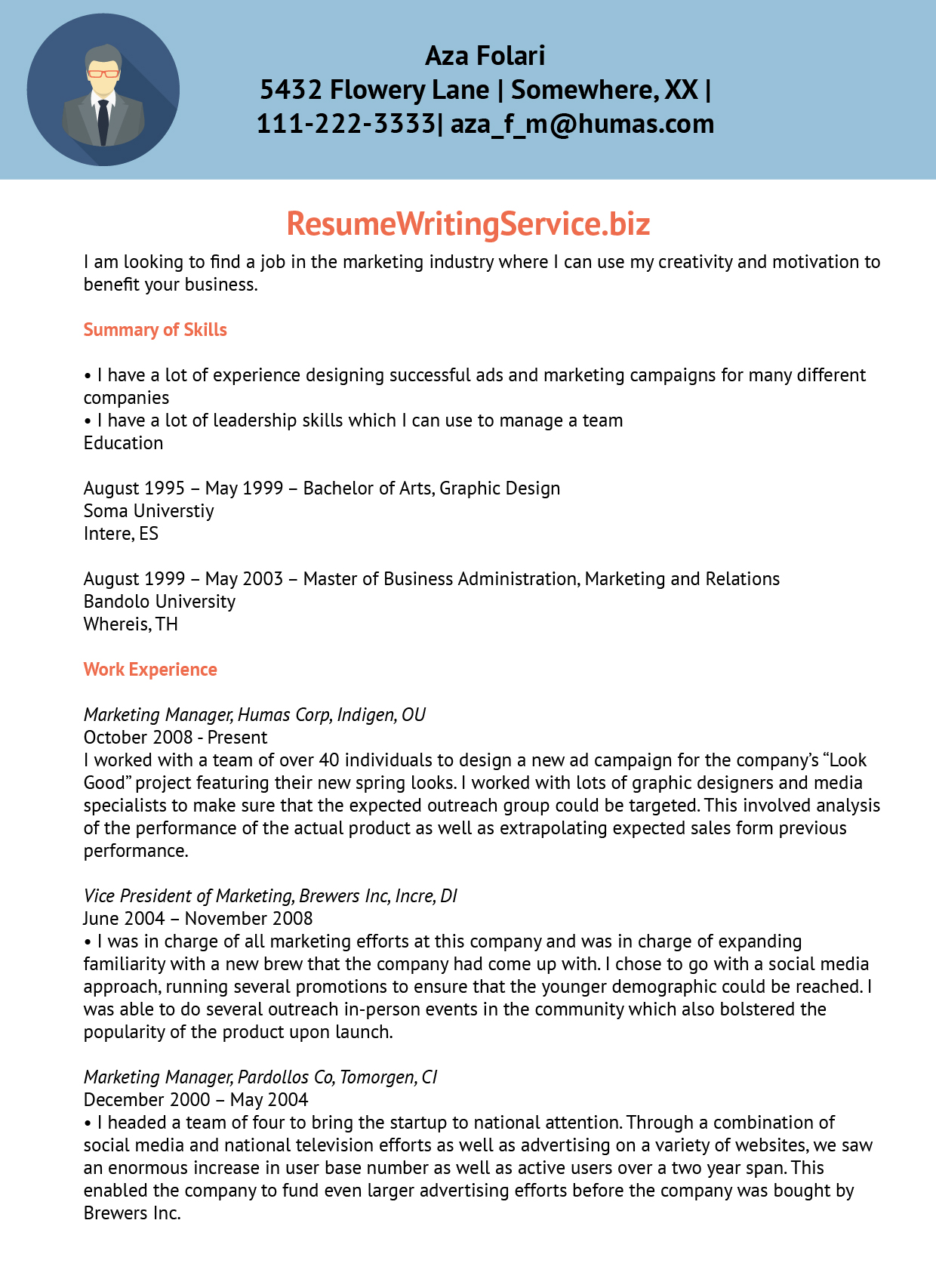 Marketing resume writing service
