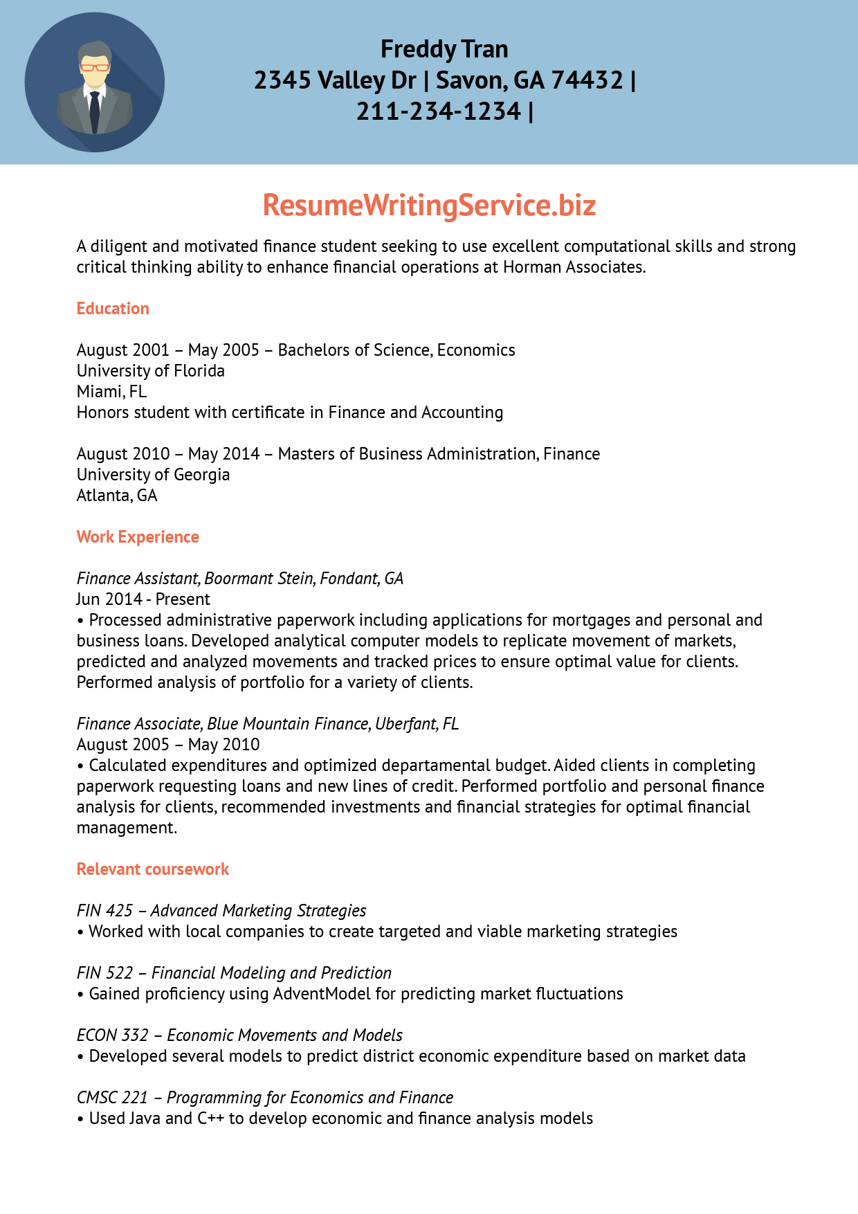 finance trainee resume sample