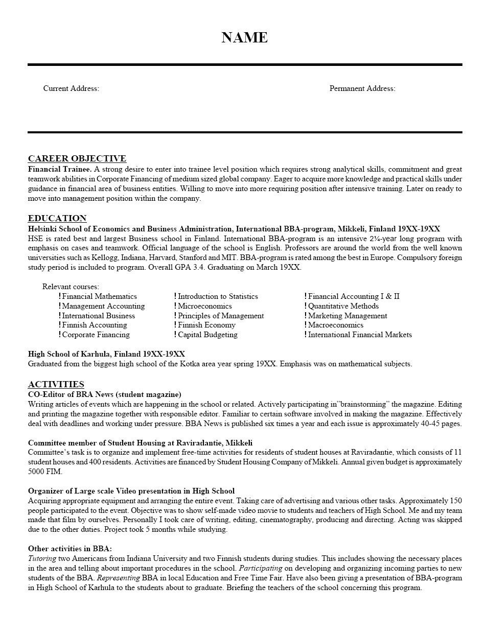 Finance Trainee Resume Sample Finance Trainee Resume Sample