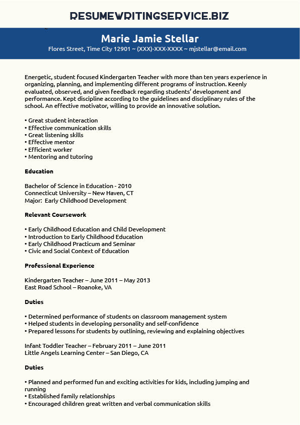 Kindergarten Teacher Resume Sample