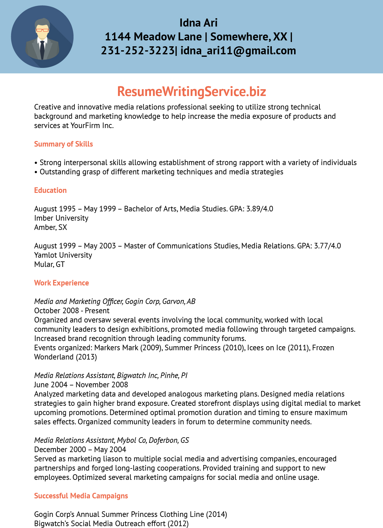 Media Relations Officer Resume Sample