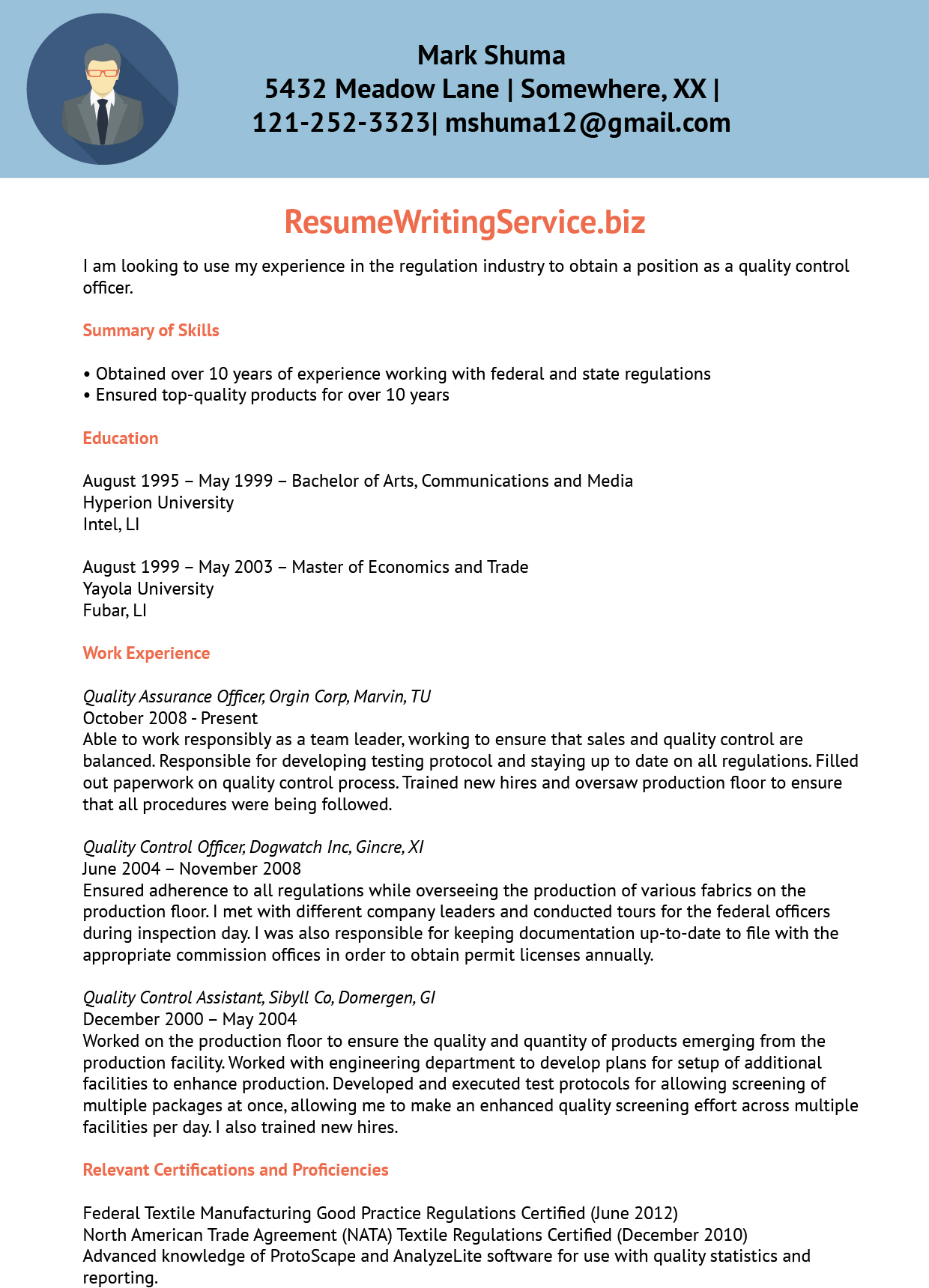 Quality Control Officer Resume Sample